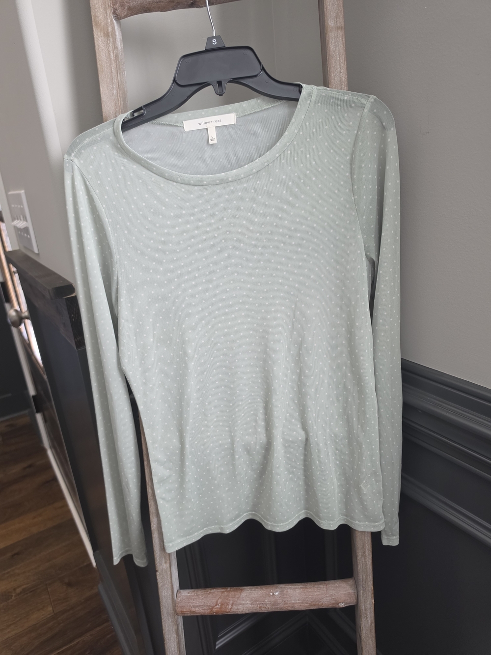 Willow Sheer Sage Green Polka Dot Long Sleeve Scoop Neck Top